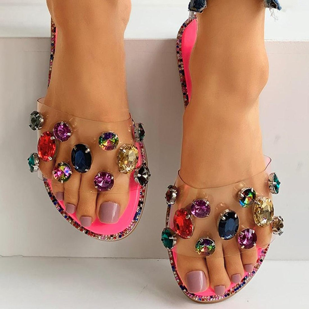 Women's Rhinestone Flat Sandals Open Toe Glitter Slide Slippers