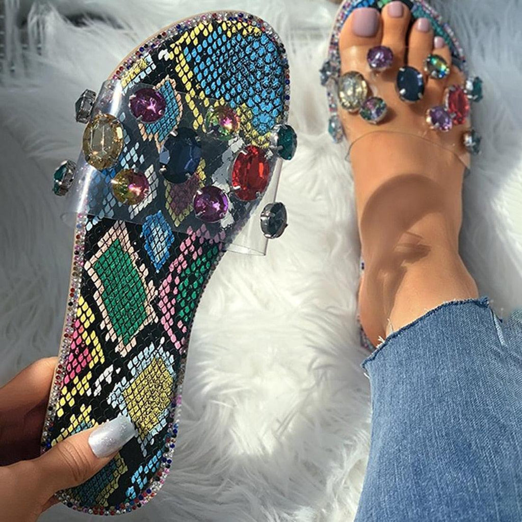 Women's Rhinestone Flat Sandals Open Toe Glitter Slide Slippers
