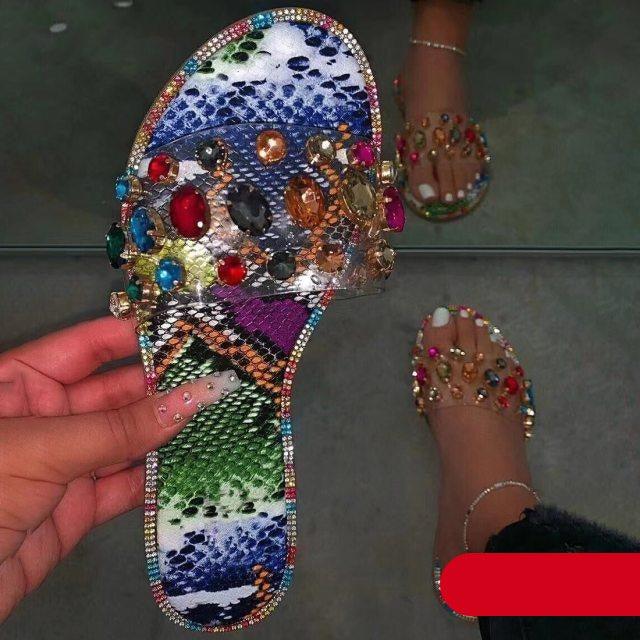Women's Rhinestone Flat Sandals Open Toe Glitter Slide Slippers