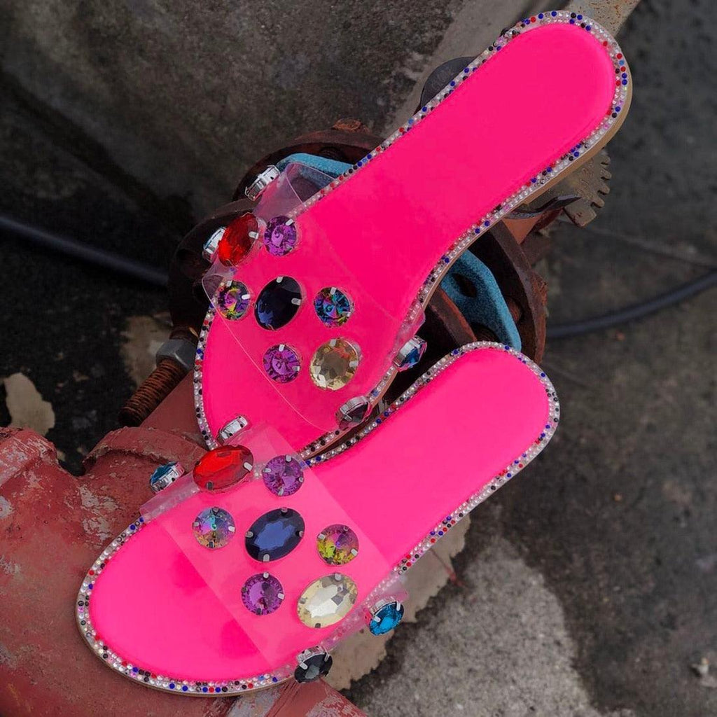 Women's Rhinestone Flat Sandals Open Toe Glitter Slide Slippers