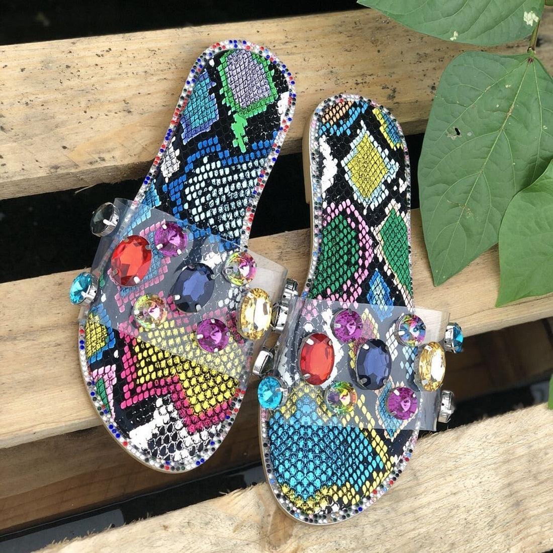 Women's Rhinestone Flat Sandals Open Toe Glitter Slide Slippers