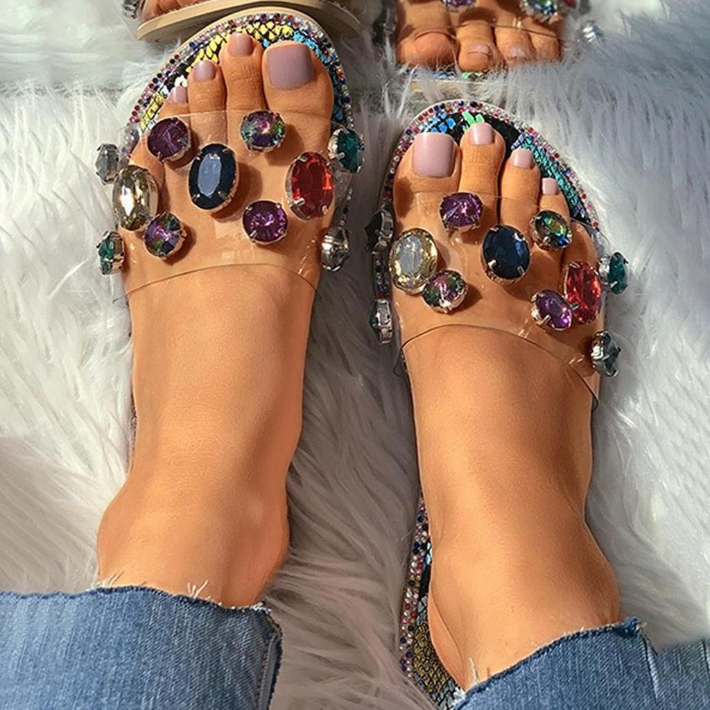 Women's Rhinestone Flat Sandals Open Toe Glitter Slide Slippers