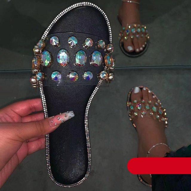 Women's Rhinestone Flat Sandals Open Toe Glitter Slide Slippers
