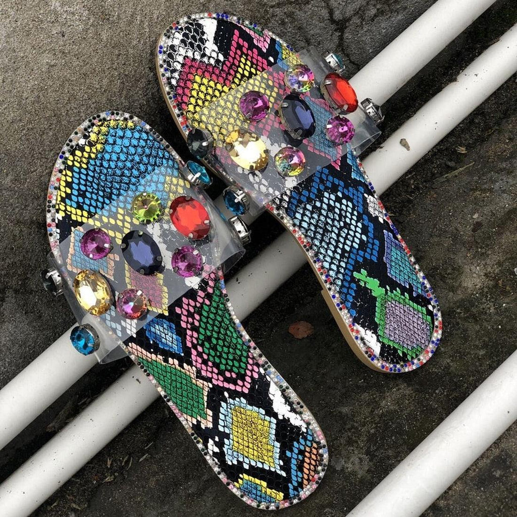 Women's Rhinestone Flat Sandals Open Toe Glitter Slide Slippers