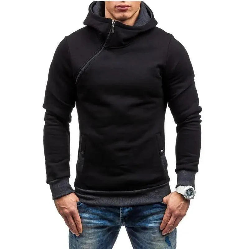Men's black slim-fit hooded hip hop jacket with diagonal design