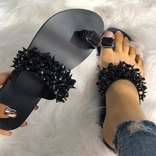Women's Crystal Glitter Flat Slides Comfy Summer Beach Sandals