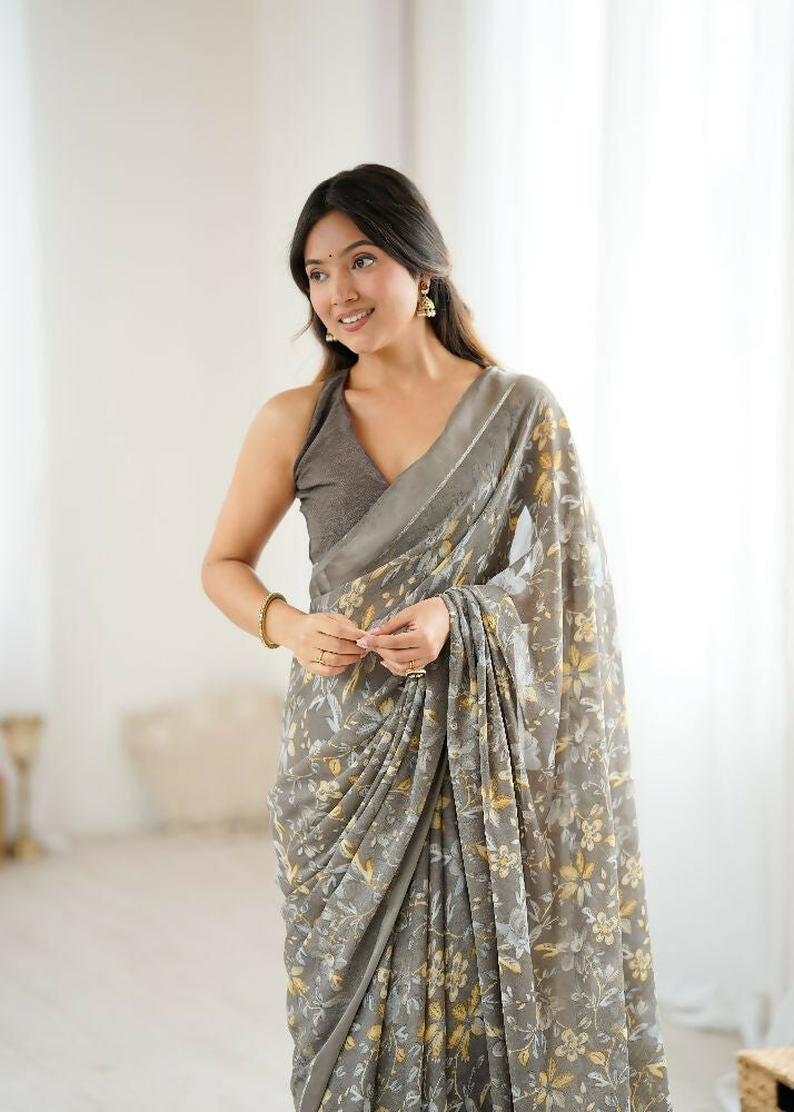 Grey Bright Moss Satin Patta Printed Saree
