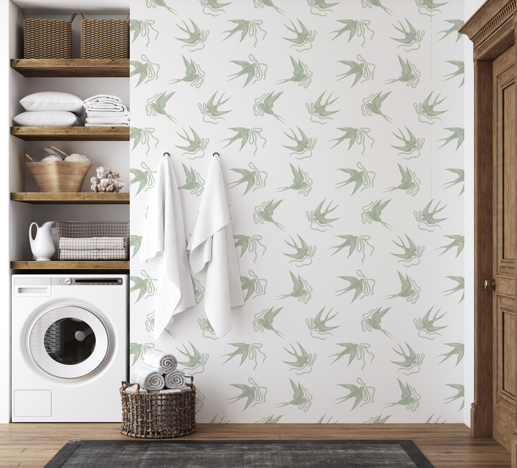 Sloane Floral Wallpaper in Soft Pastel Blue-Grey and Sage-Green