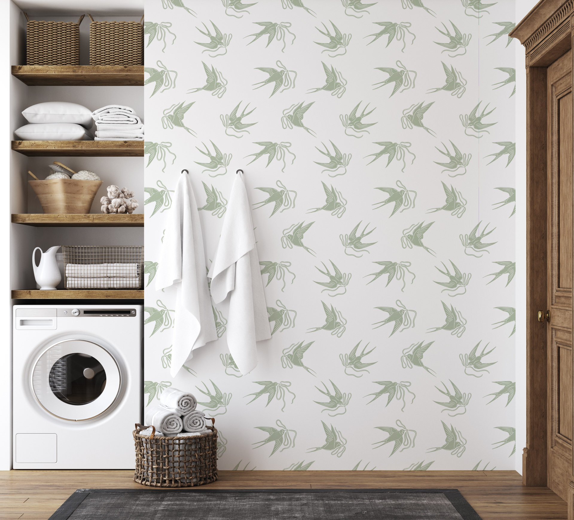 Sloane Floral Wallpaper in Soft Pastel Blue-Grey and Sage-Green