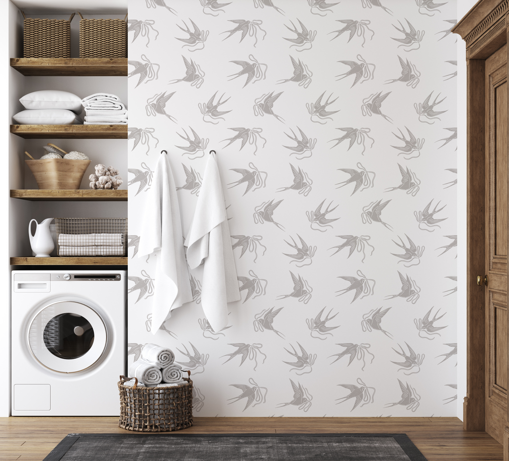 Sloane Floral Wallpaper in Soft Pastel Blue-Grey and Sage-Green