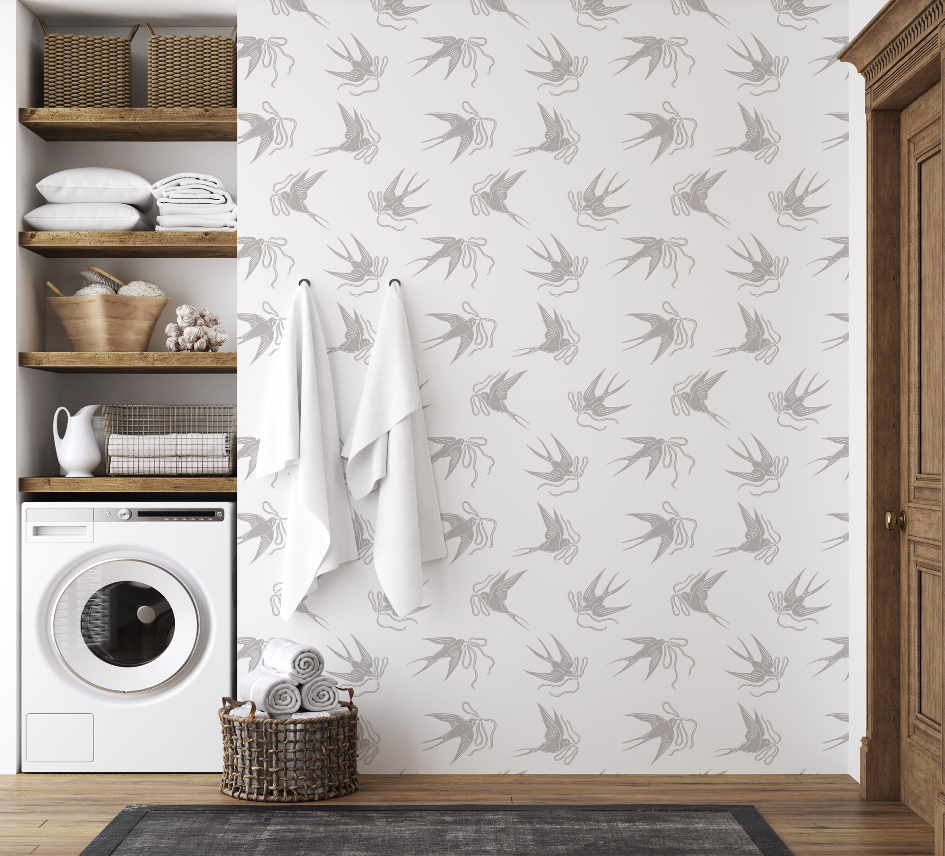 Sloane Floral Wallpaper in Soft Pastel Blue-Grey and Sage-Green