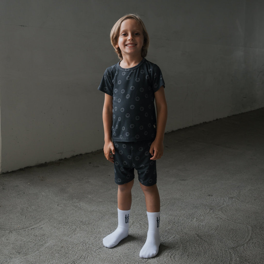 Kids Bamboo Ribbed Short Set in Black and White Smiley Print
