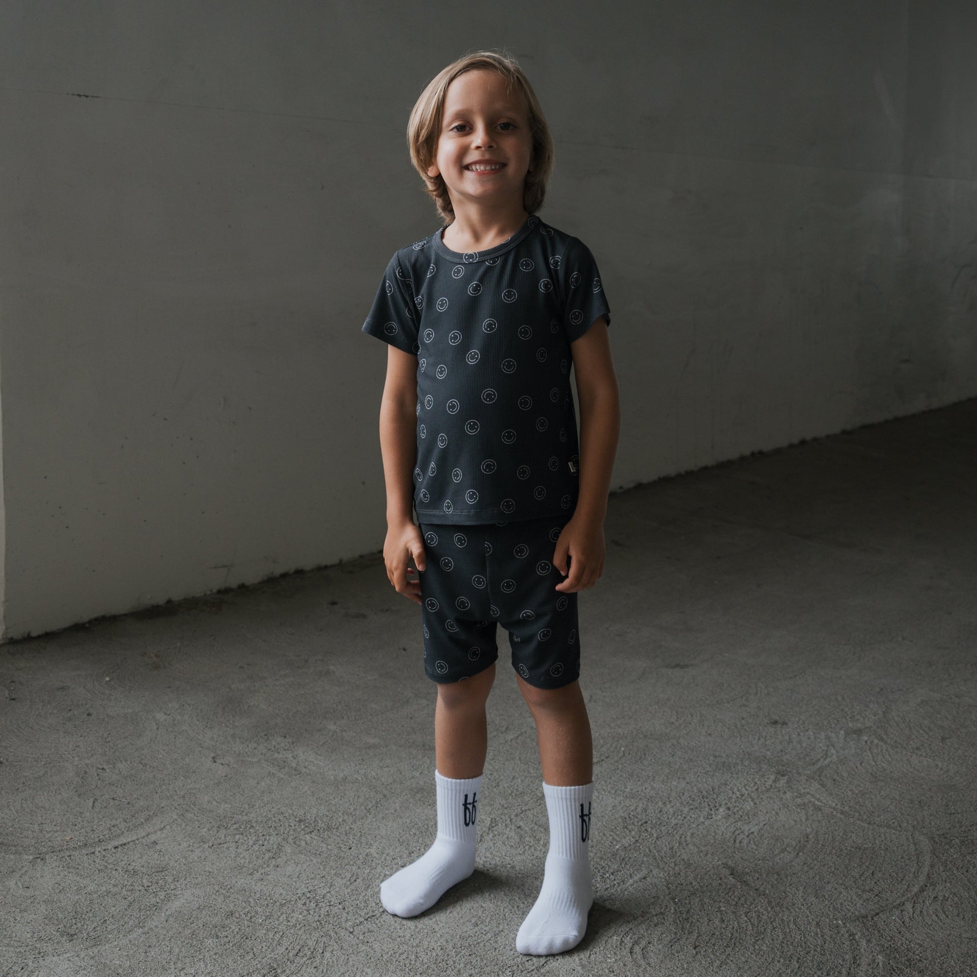 Kids Bamboo Ribbed Short Set in Black and White Smiley Print