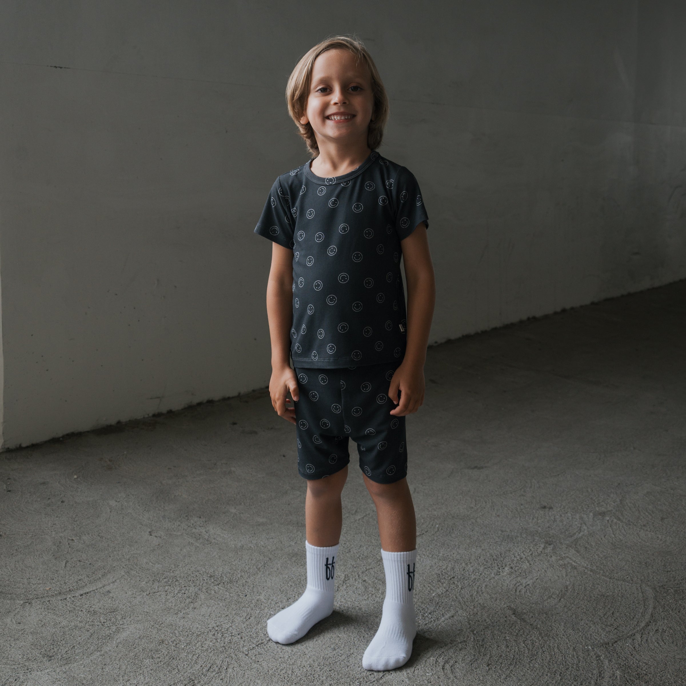 Kids Bamboo Ribbed Short Set in Black and White Smiley Print