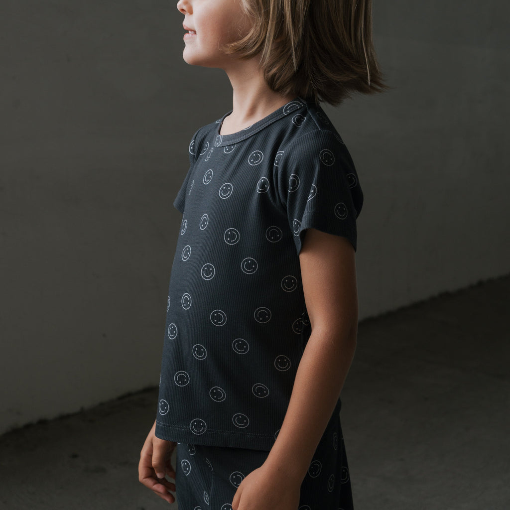 Kids Bamboo Ribbed Short Set in Black and White Smiley Print