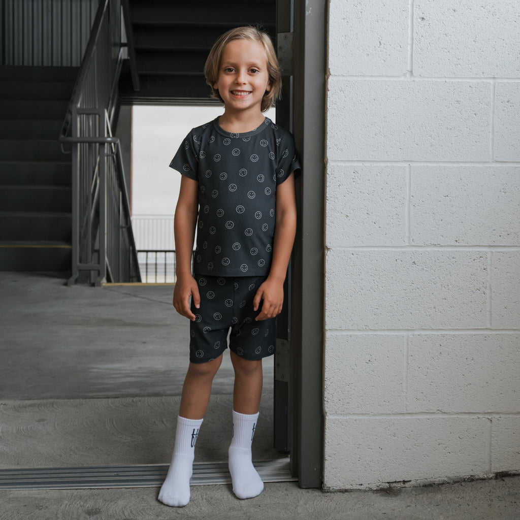 Kids Bamboo Ribbed Short Set in Black and White Smiley Print