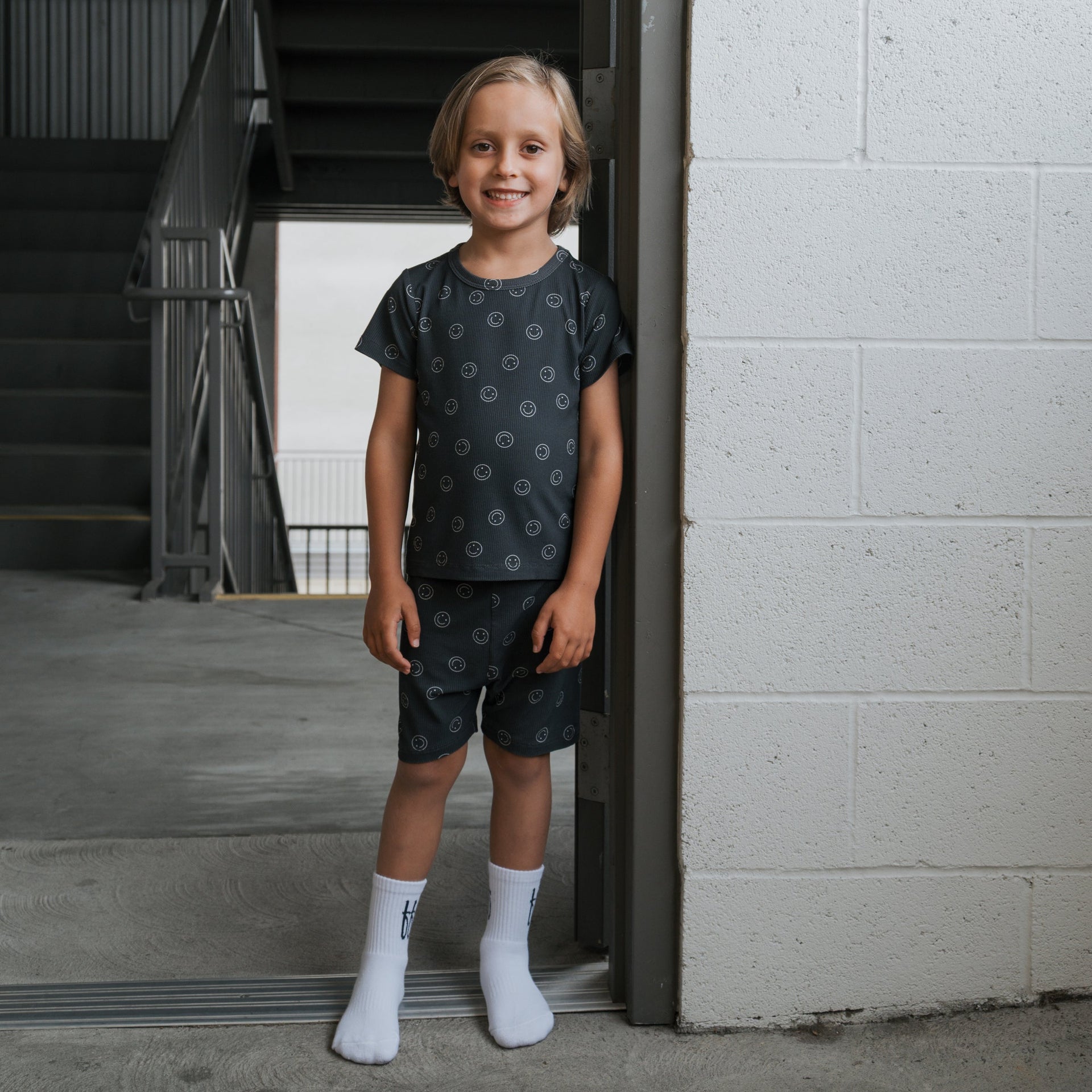 Kids Bamboo Ribbed Short Set in Black and White Smiley Print