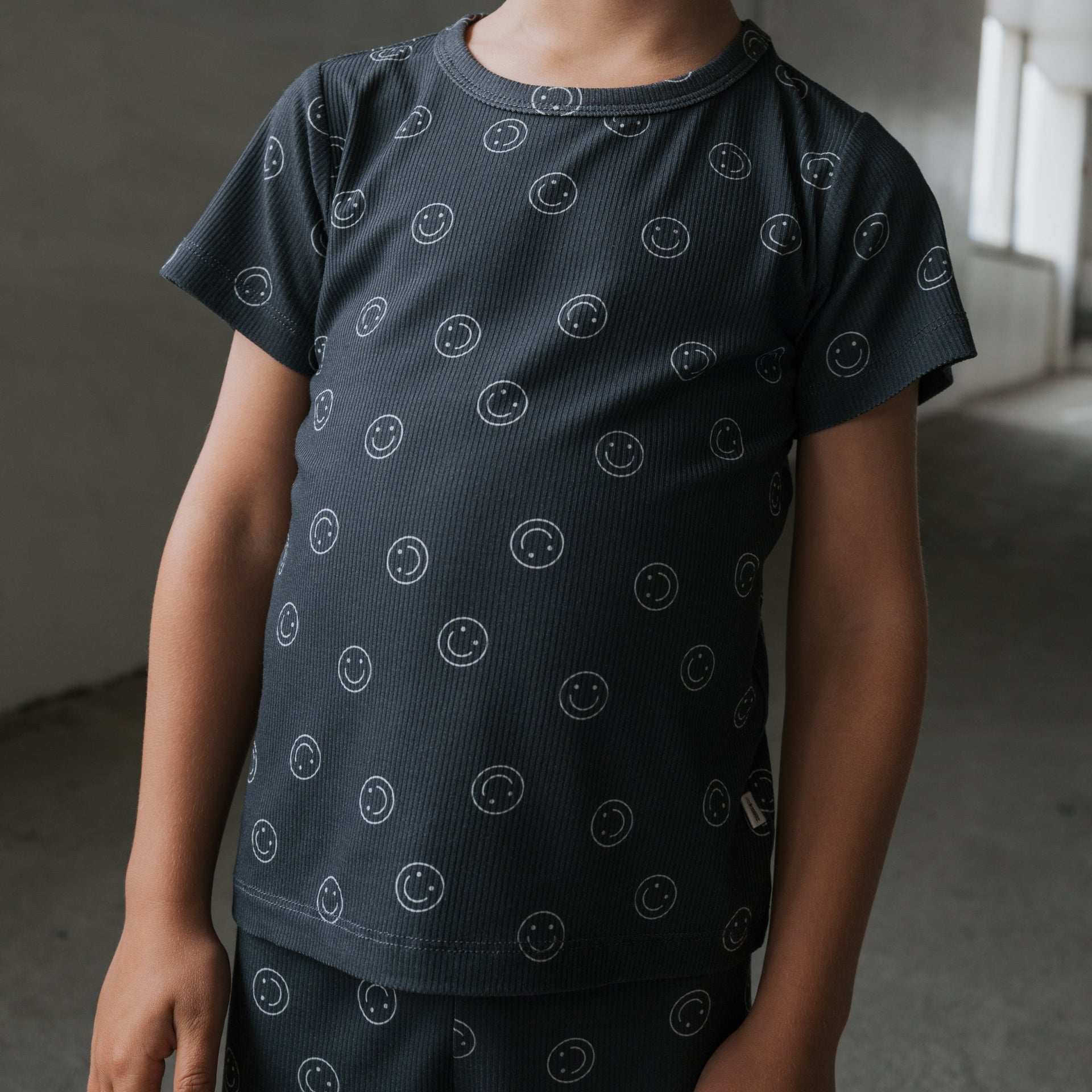 Kids Bamboo Ribbed Short Set in Black and White Smiley Print