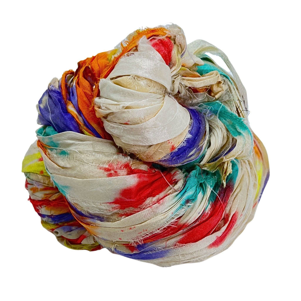 Multi-colored recycled sari silk ribbon yarn with bohemian artisan texture