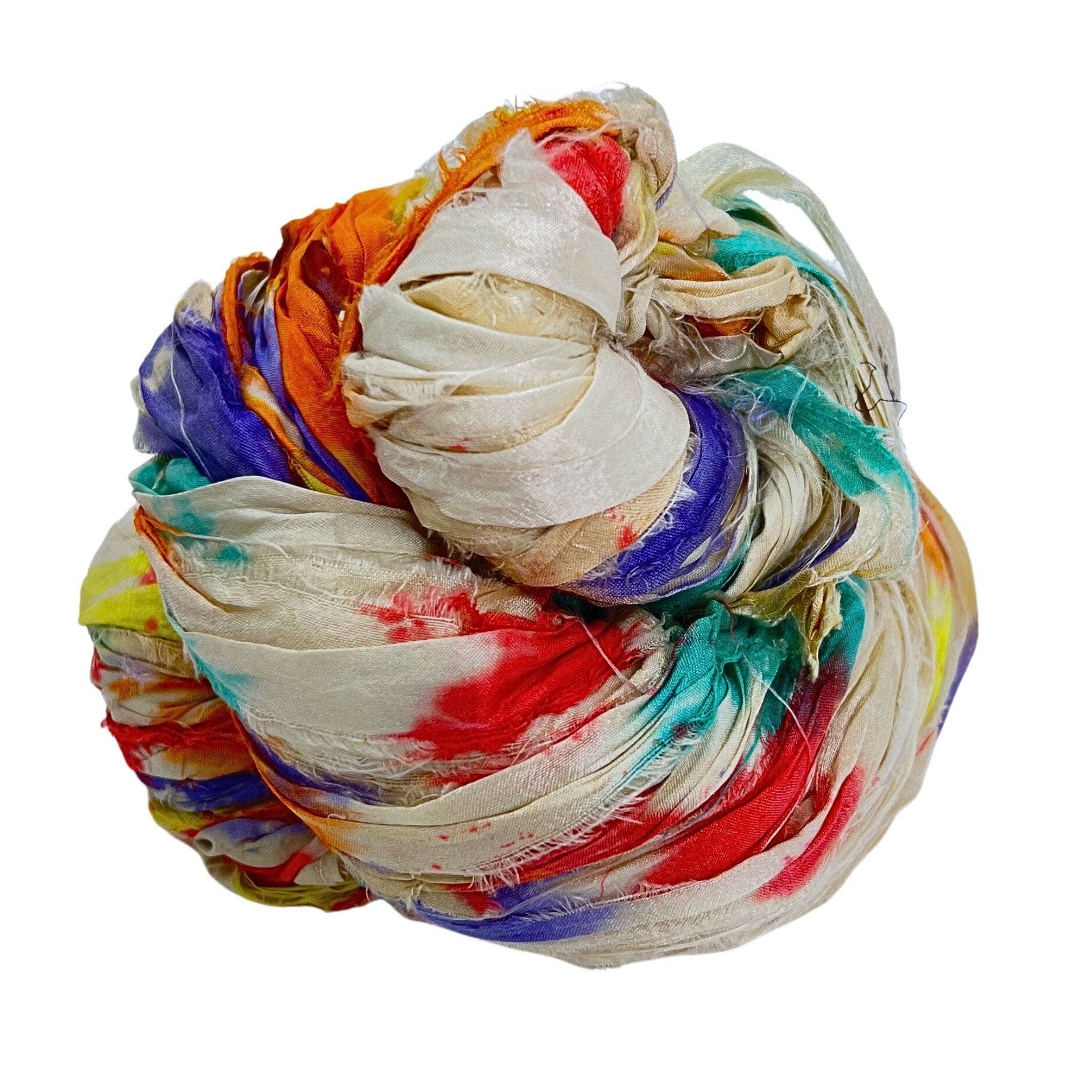 Multi-colored recycled sari silk ribbon yarn with bohemian artisan texture