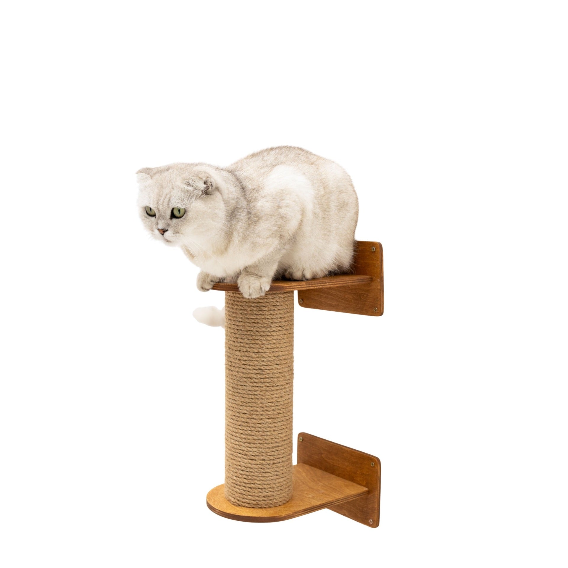 A modern wall-mounted cat tree featuring oak and natural jute materials, styled in a minimalist living room.