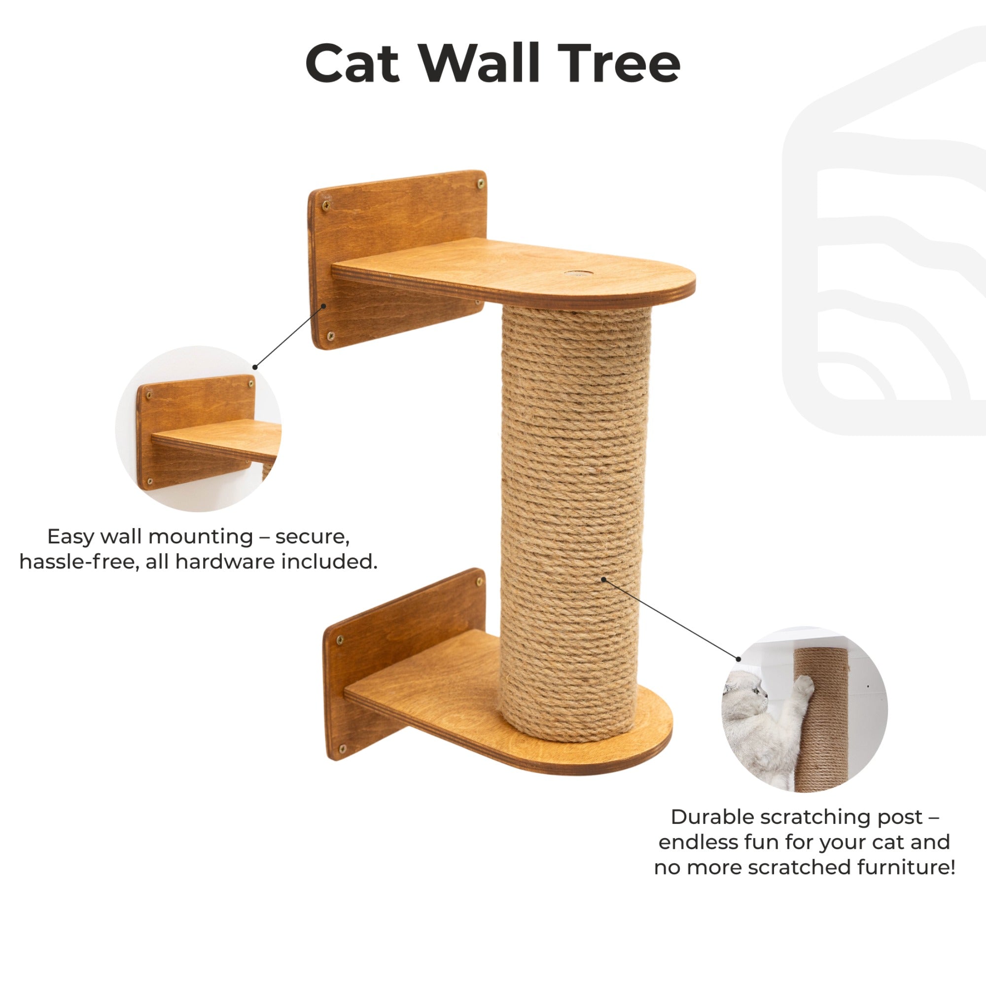 Modern Wall-Mounted Small Cat Tree in Oak and Natural Jute