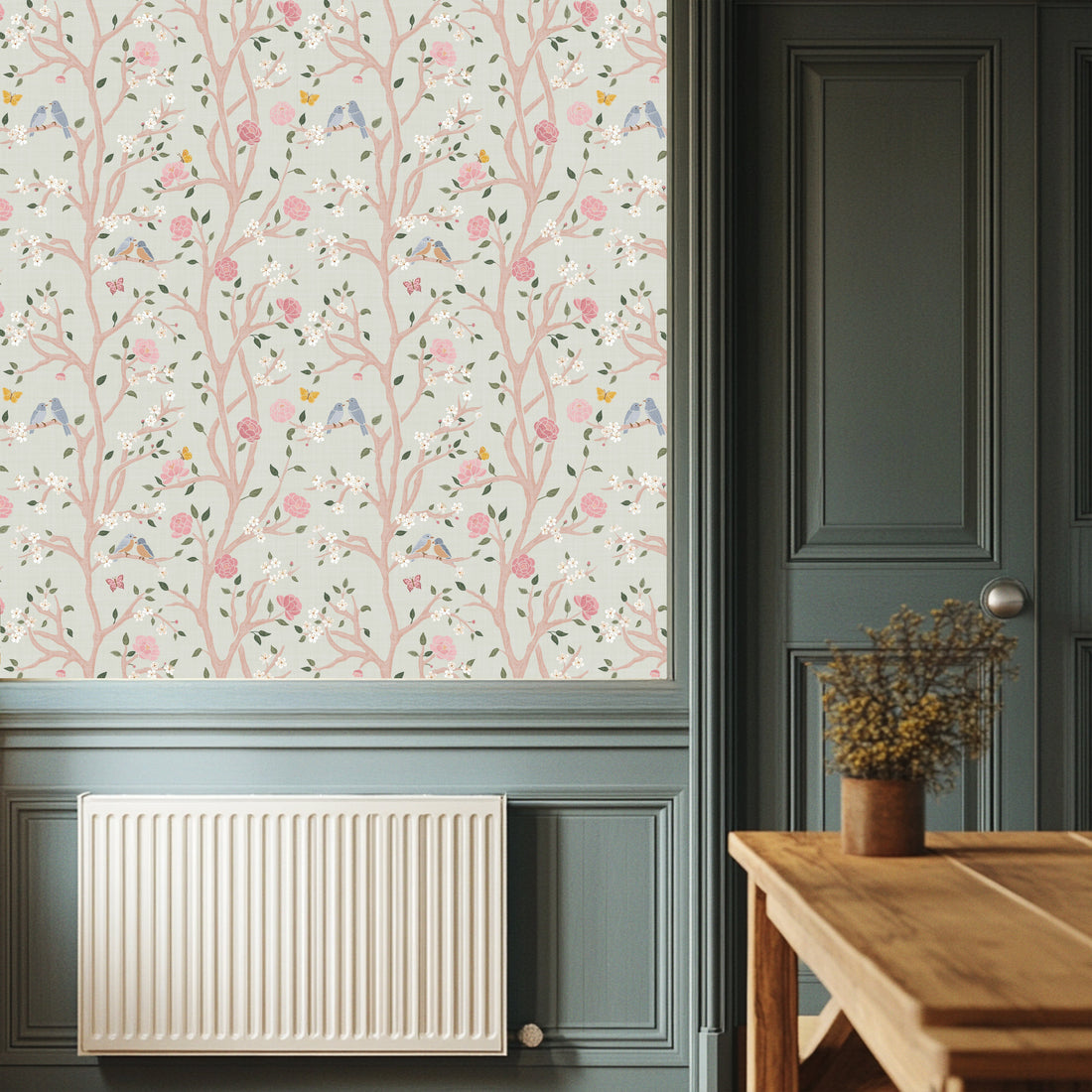 Lockie Floral Wallpaper - Sage Green and Pale Pink Chinoiserie