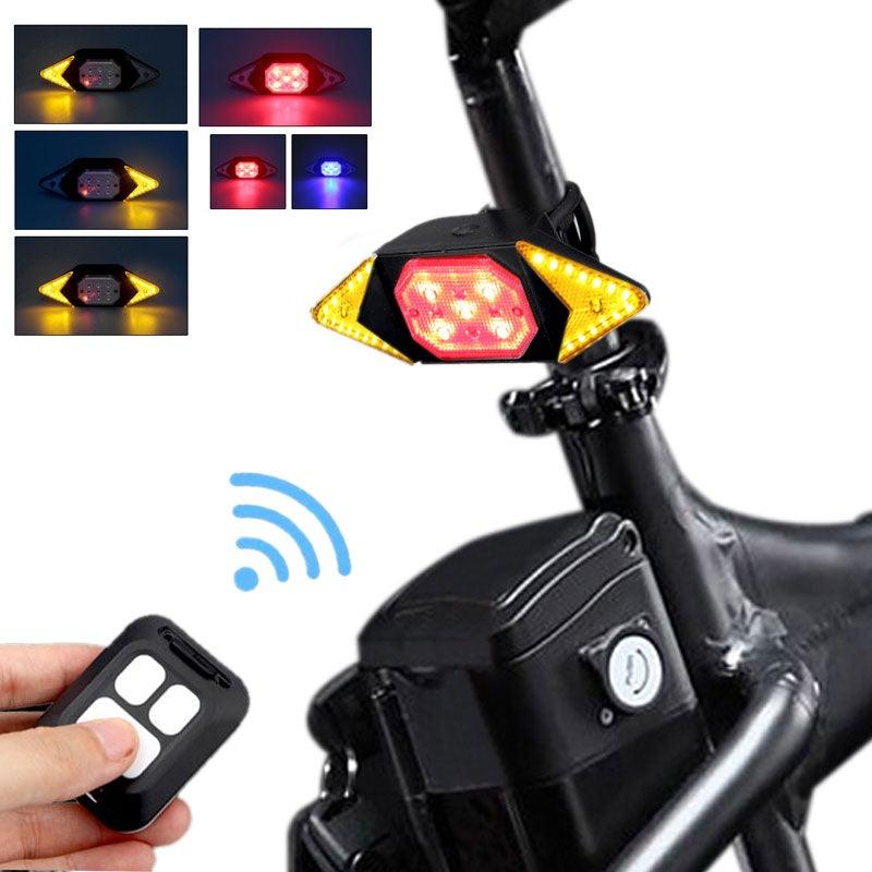 Stevvex Smart Bike Light with wireless remote control and LED turn signals attached to a bicycle
