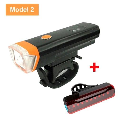 USB rechargeable LED bicycle headlight and tail light set with smart sensors