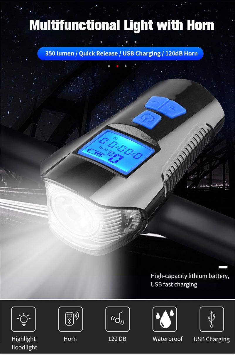 4-in-1 Rechargeable Bike Light with LCD Odometer and Speedometer