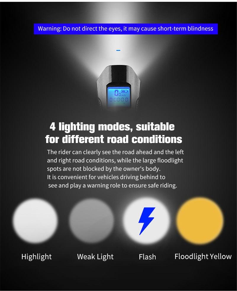 4-in-1 Rechargeable Bike Light with LCD Odometer and Speedometer