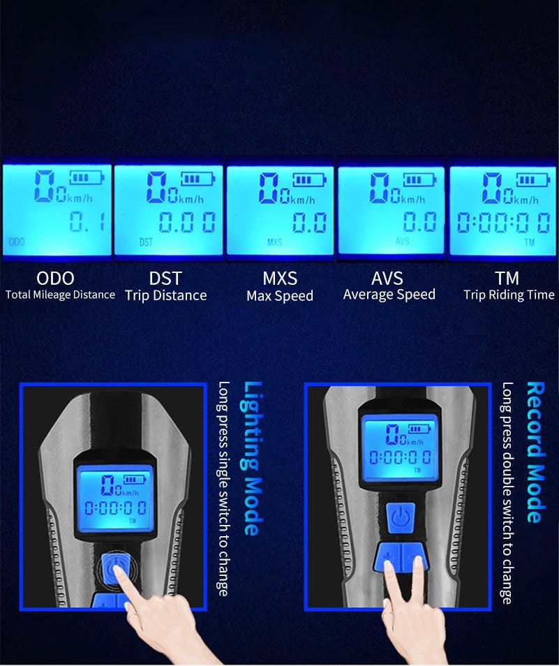 4-in-1 Rechargeable Bike Light with LCD Odometer and Speedometer
