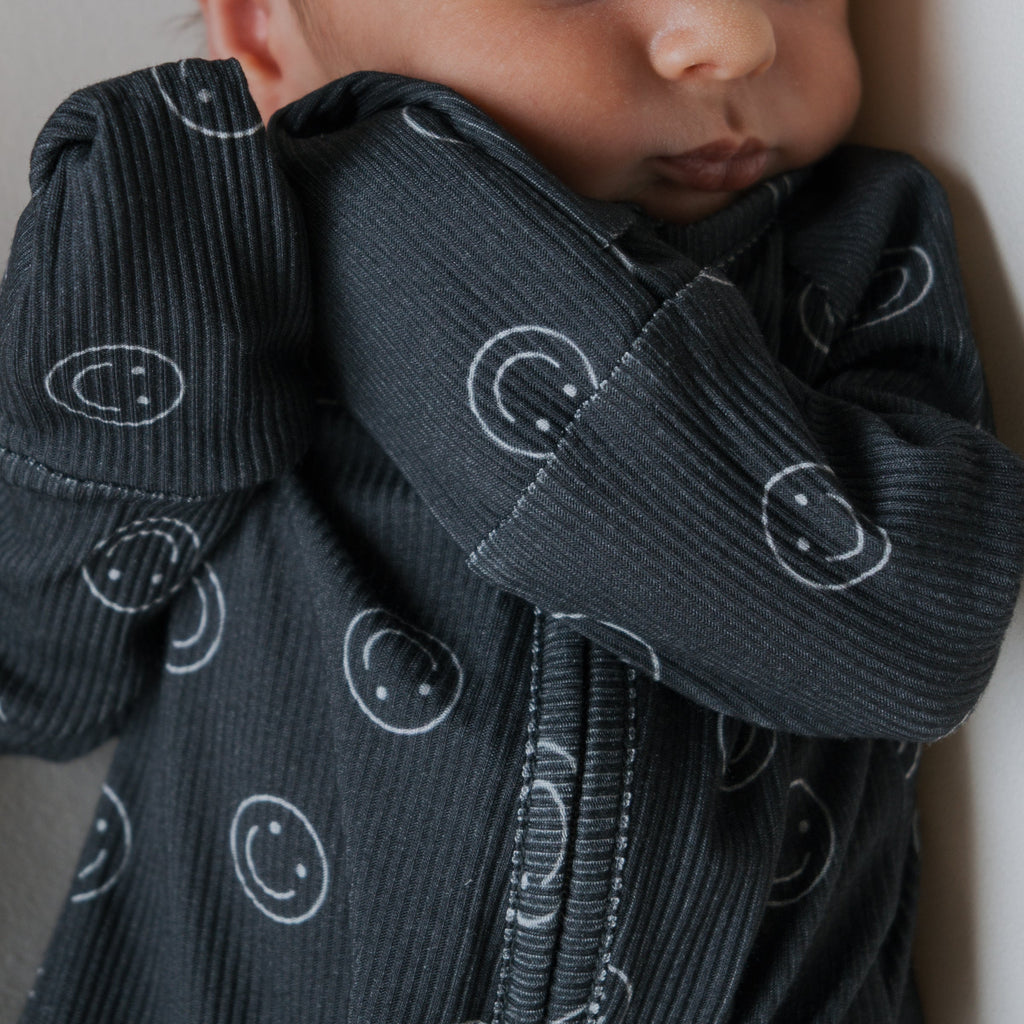 Smiley Ribbed Bamboo Zip Pajamas with Convertible Cuffs
