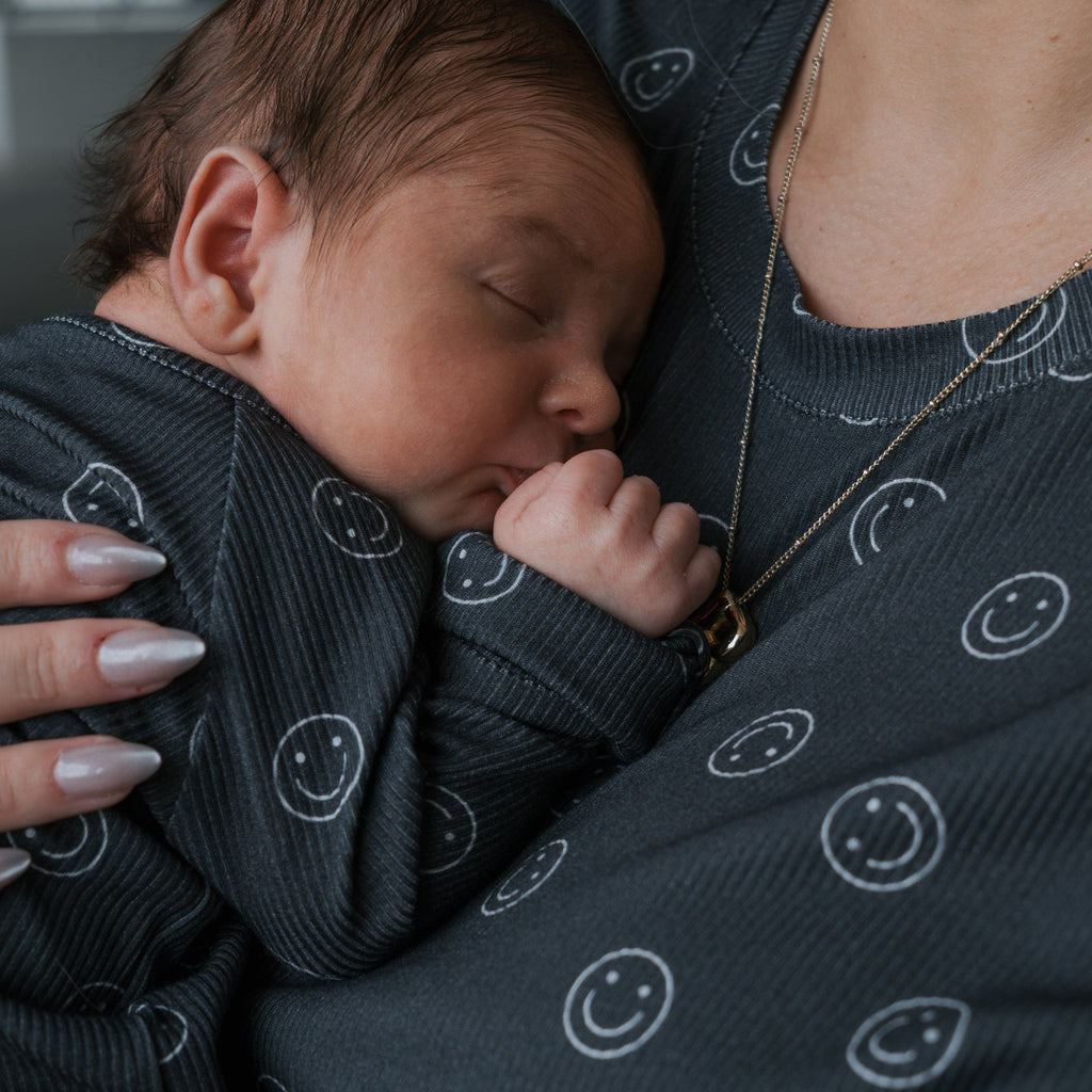 Smiley Ribbed Bamboo Zip Pajamas with Convertible Cuffs