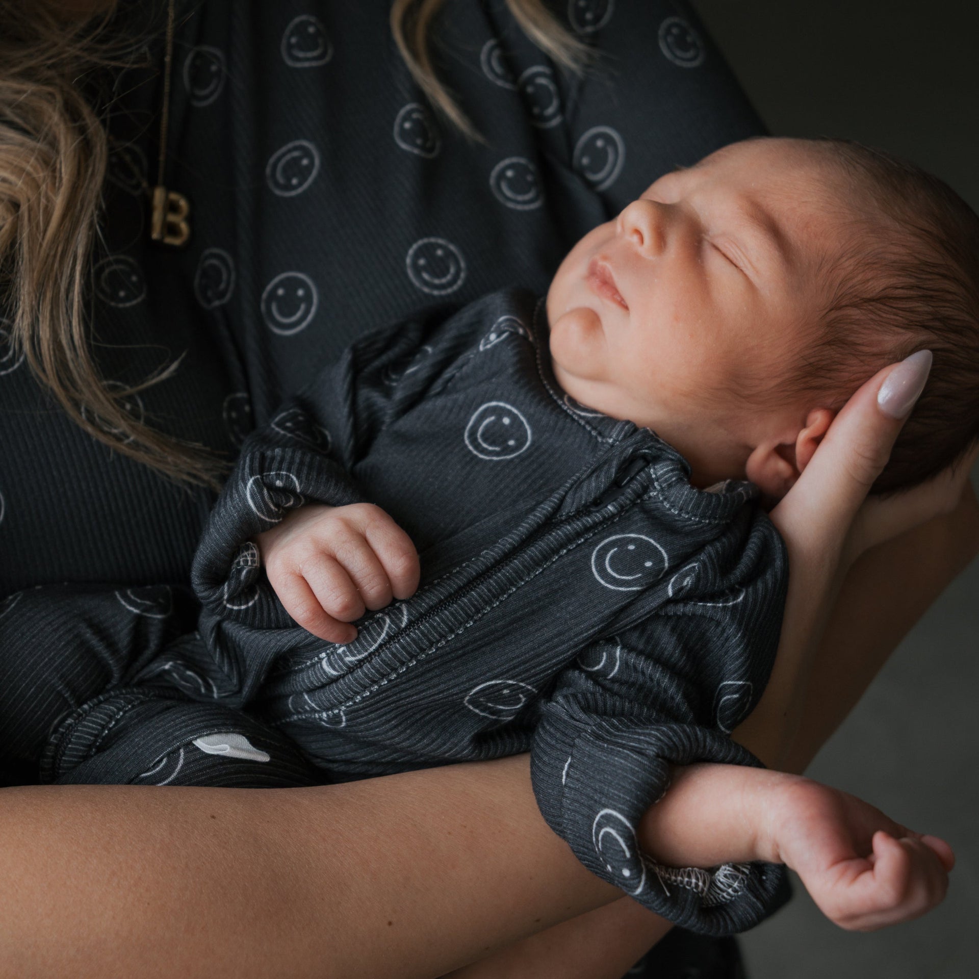 Smiley Ribbed Bamboo Zip Pajamas with Convertible Cuffs