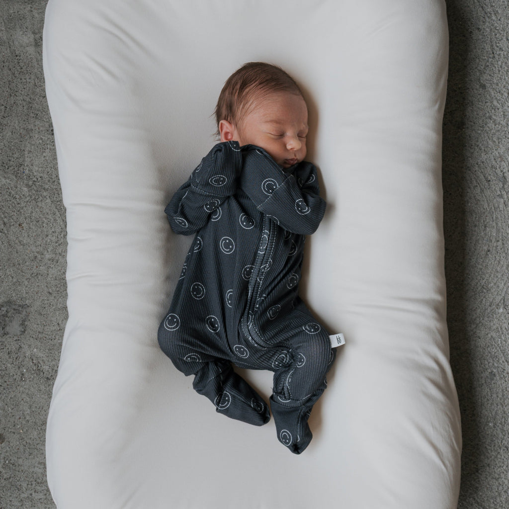 Smiley Ribbed Bamboo Zip Pajamas with Convertible Cuffs