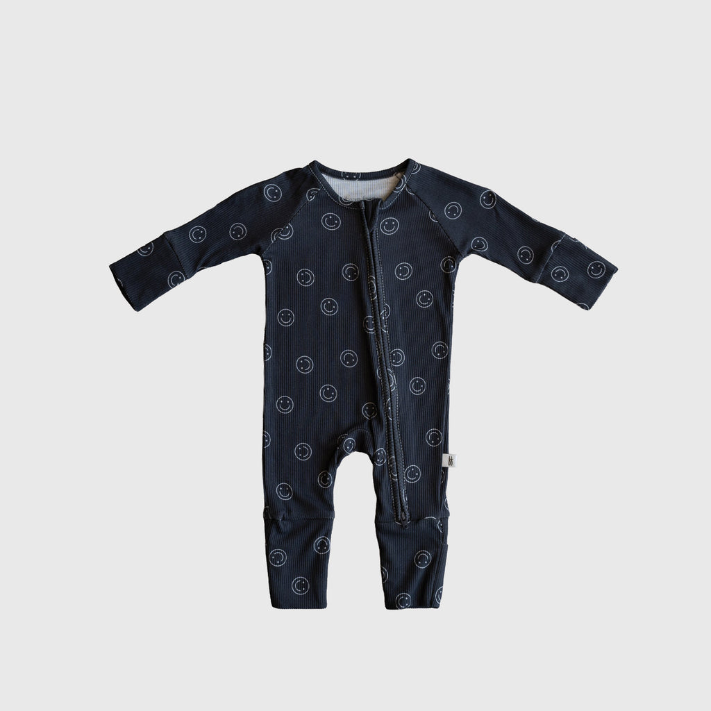 Smiley Ribbed Bamboo Zip Pajamas with Convertible Cuffs