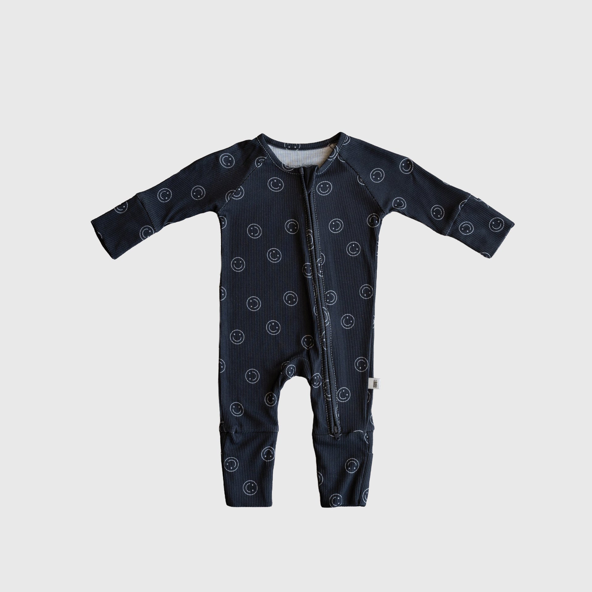 Smiley Ribbed Bamboo Zip Pajamas with Convertible Cuffs