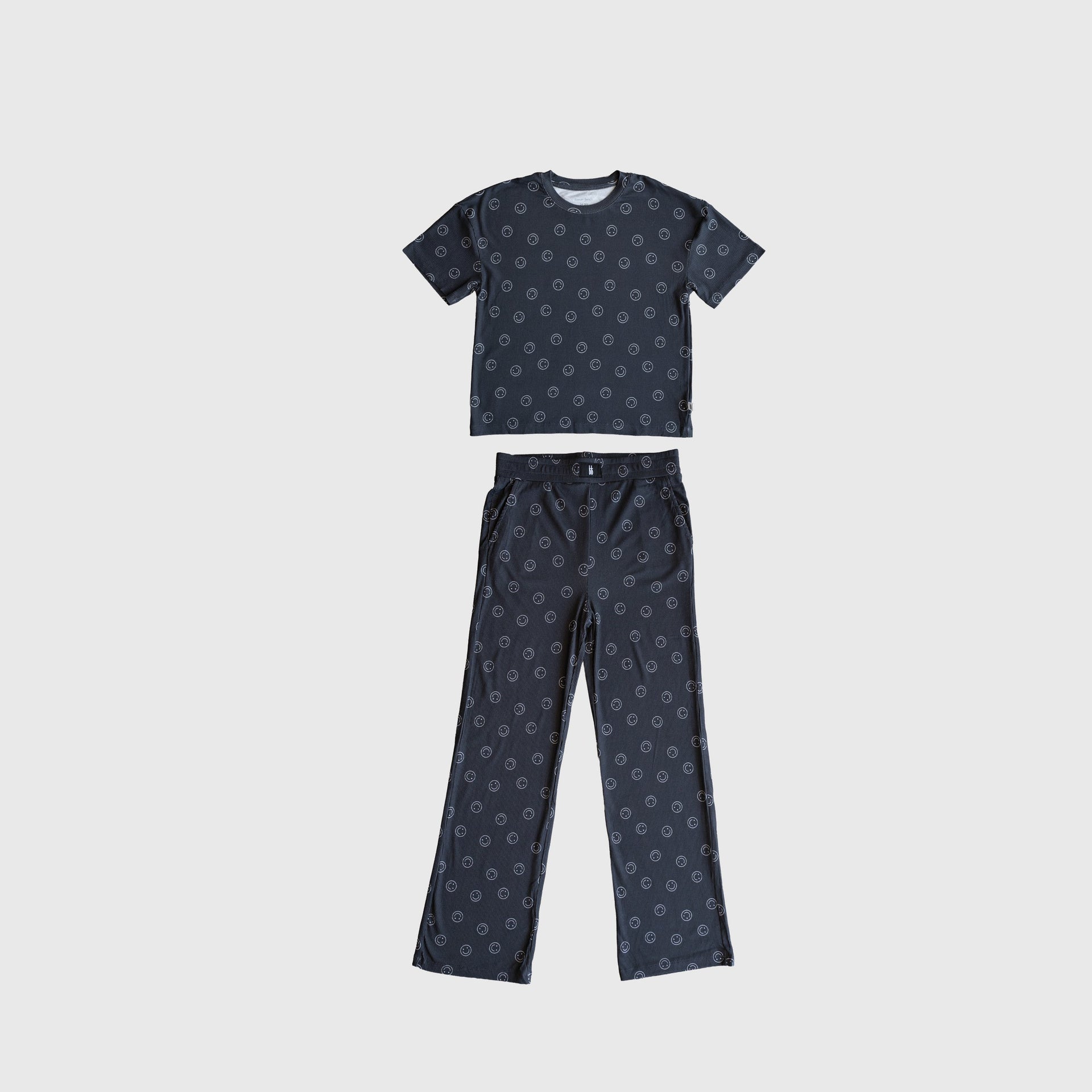Kids Smiley Ribbed Boxy Tee Lounge Set in Charcoal and White