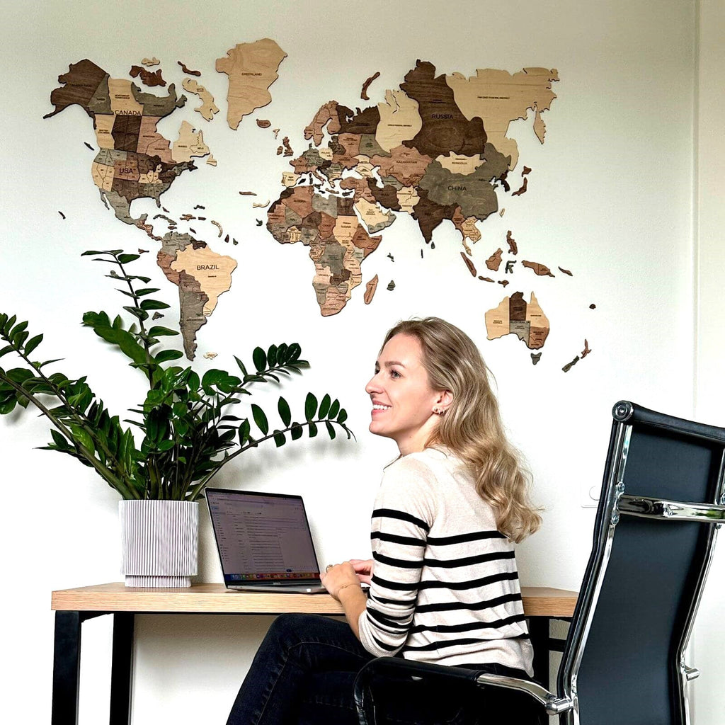 3D Wooden World Map Smokey Brown Minimalist Wall Art