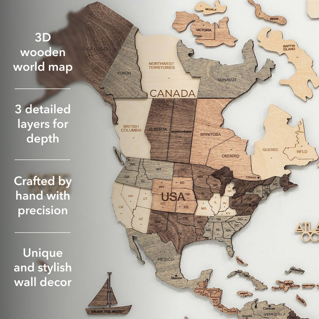 3D Wooden World Map Smokey Brown Minimalist Wall Art