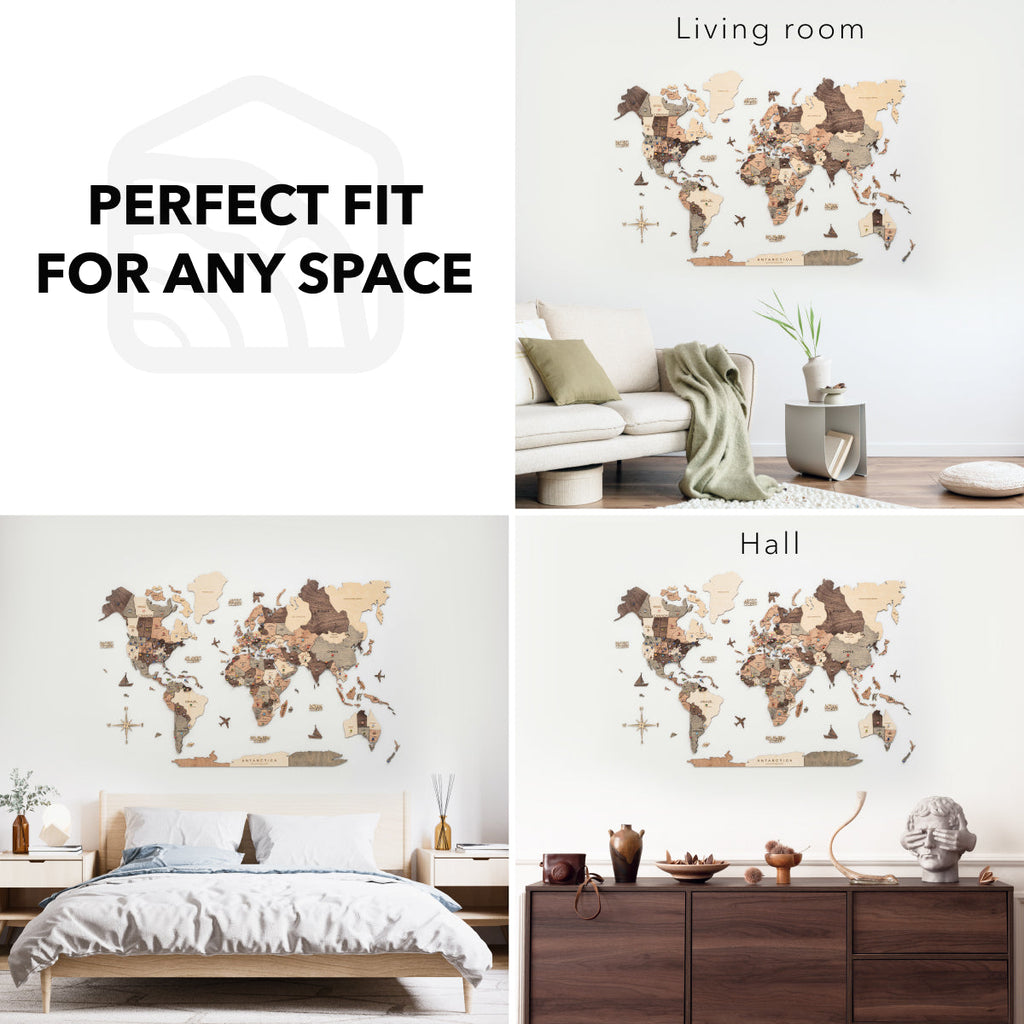 3D Wooden World Map Smokey Brown Minimalist Wall Art