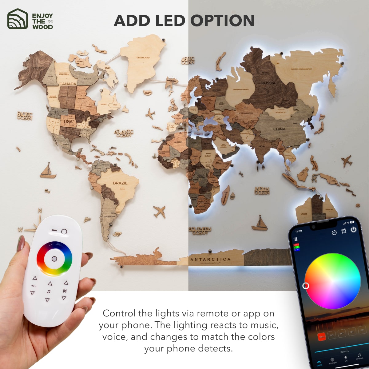 3D LED Wooden World Map 3.0 Smokey