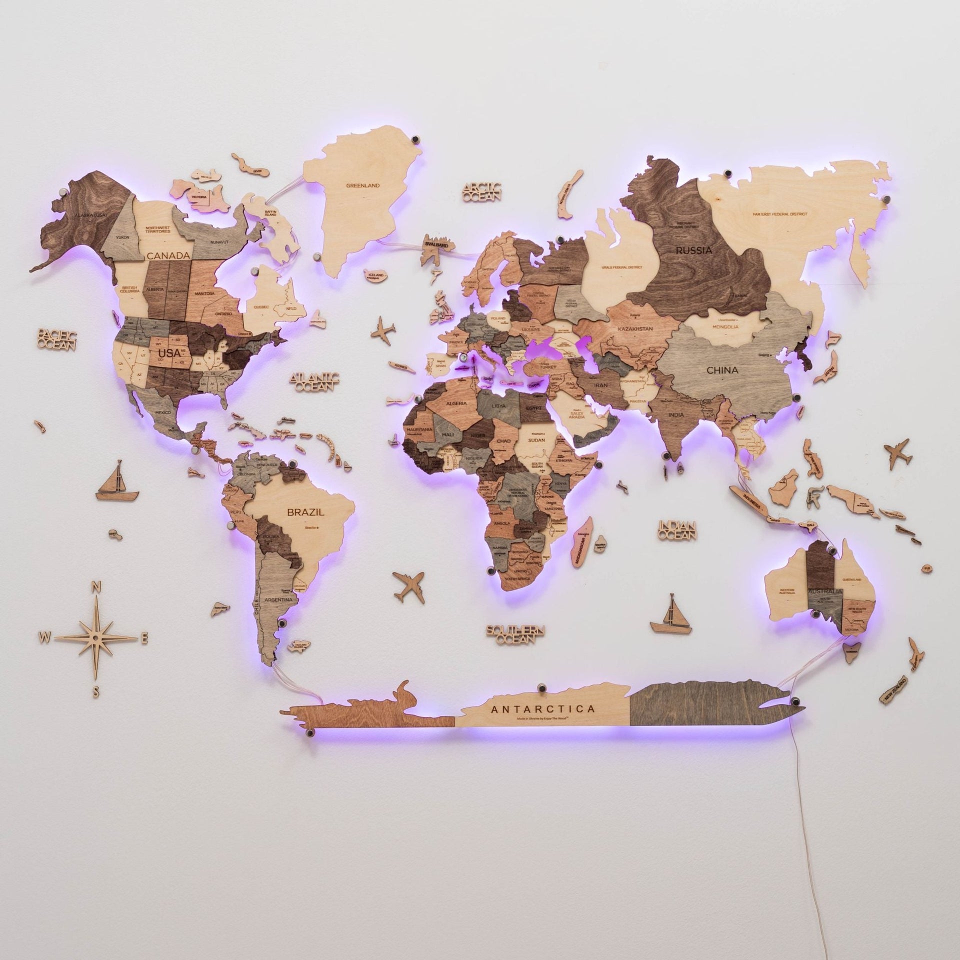 3D LED Wooden World Map 3.0 Smokey