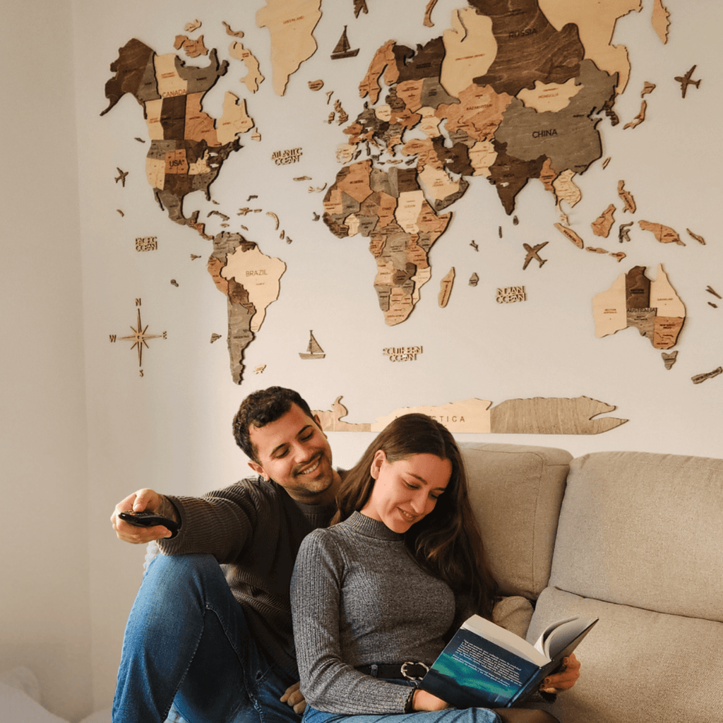 3D wooden world map in Smokey brown tones, perfect for modern minimalist home decor