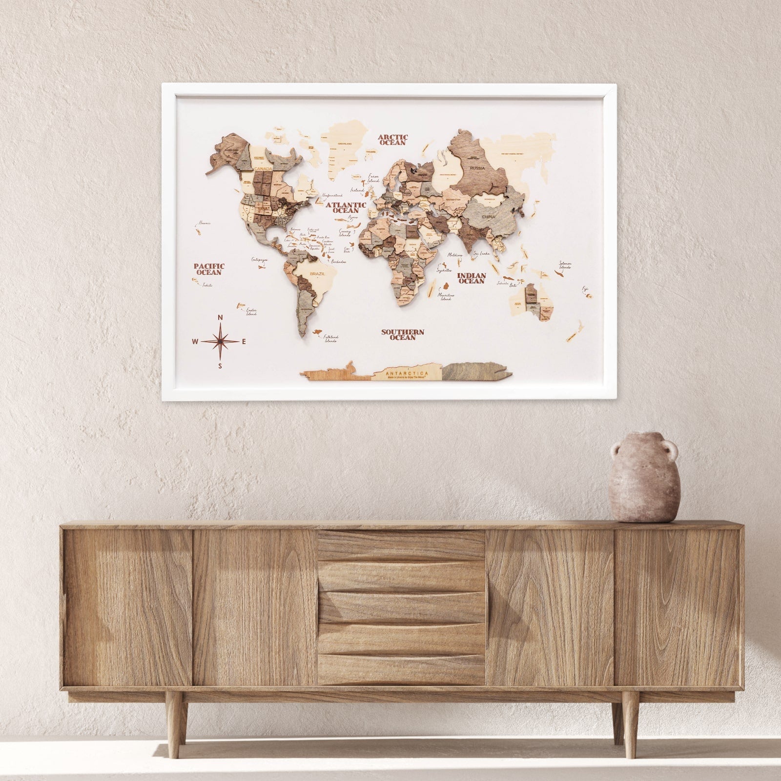 3D Wooden World Map - Smoky, Modern Travel-Inspired Wall Art