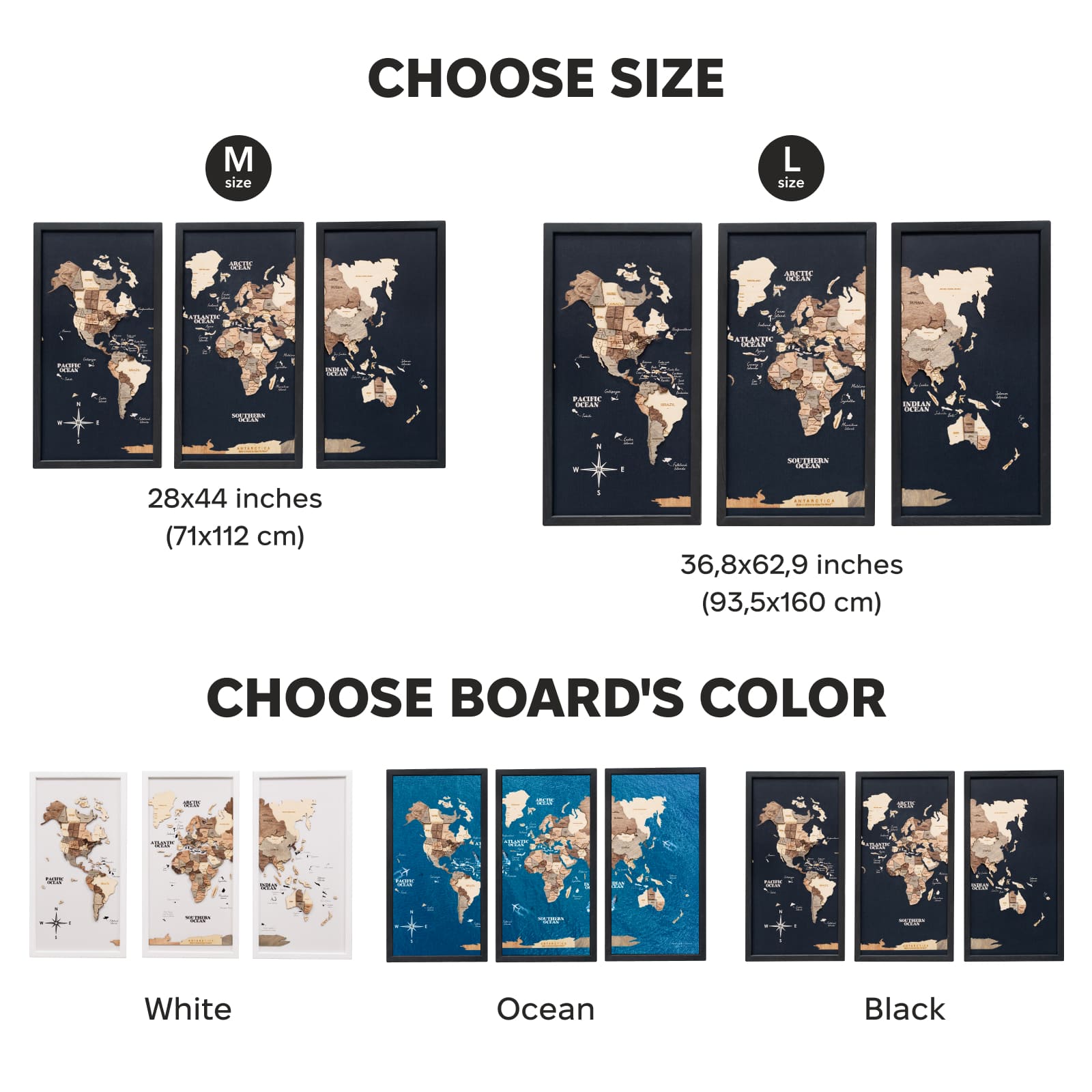 Triptych Wooden World Map Wall Art in Smokey Finish