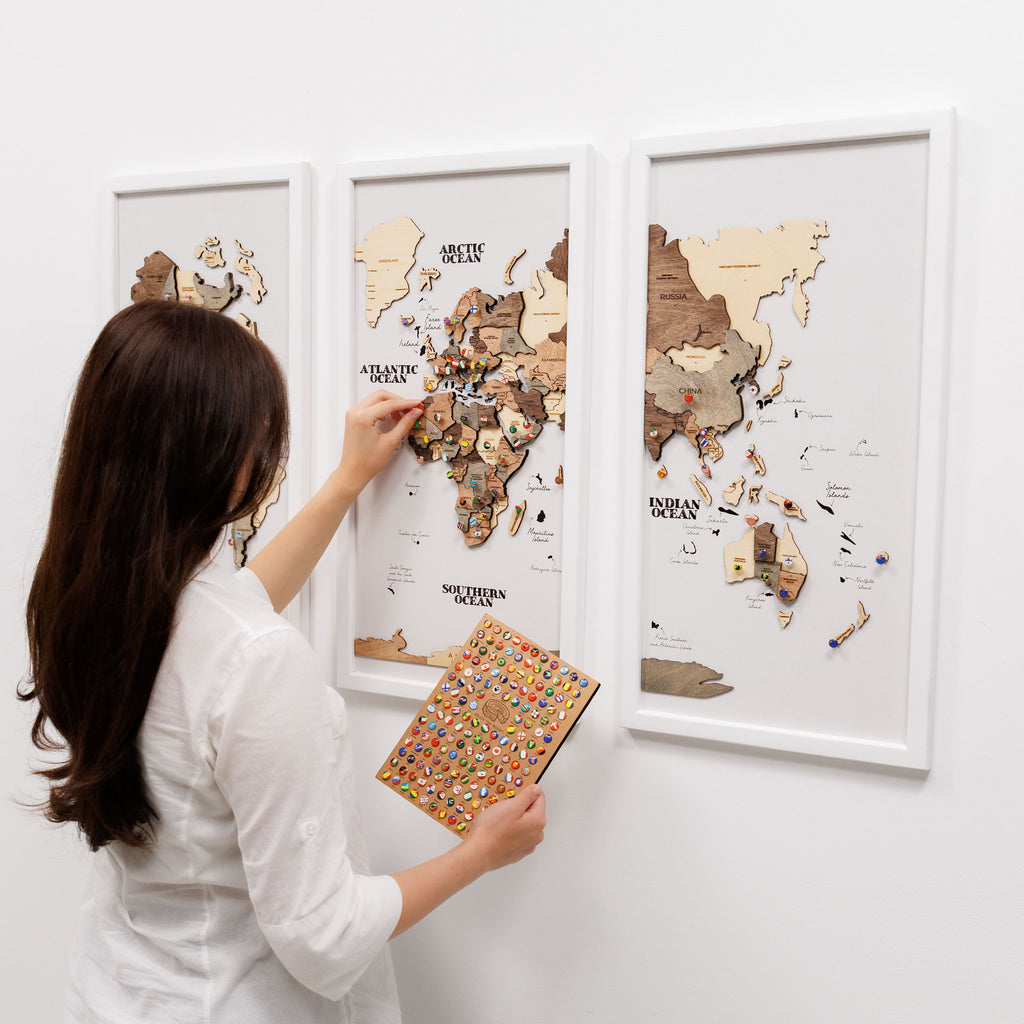 Triptych Wooden World Map Wall Art in Smokey Finish