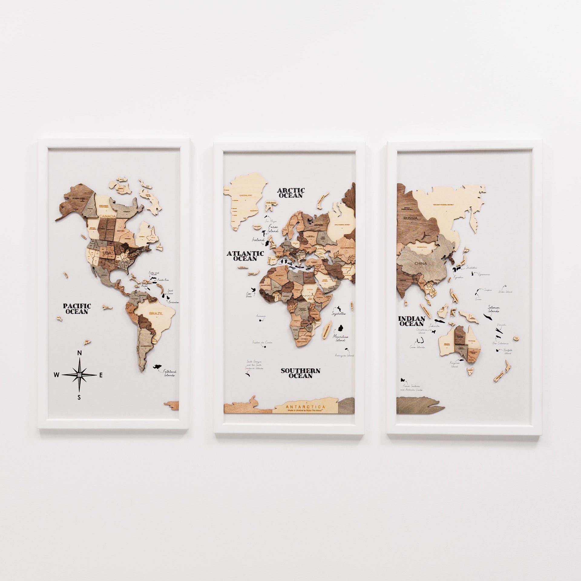 Triptych Wooden World Map Wall Art in Smokey Finish