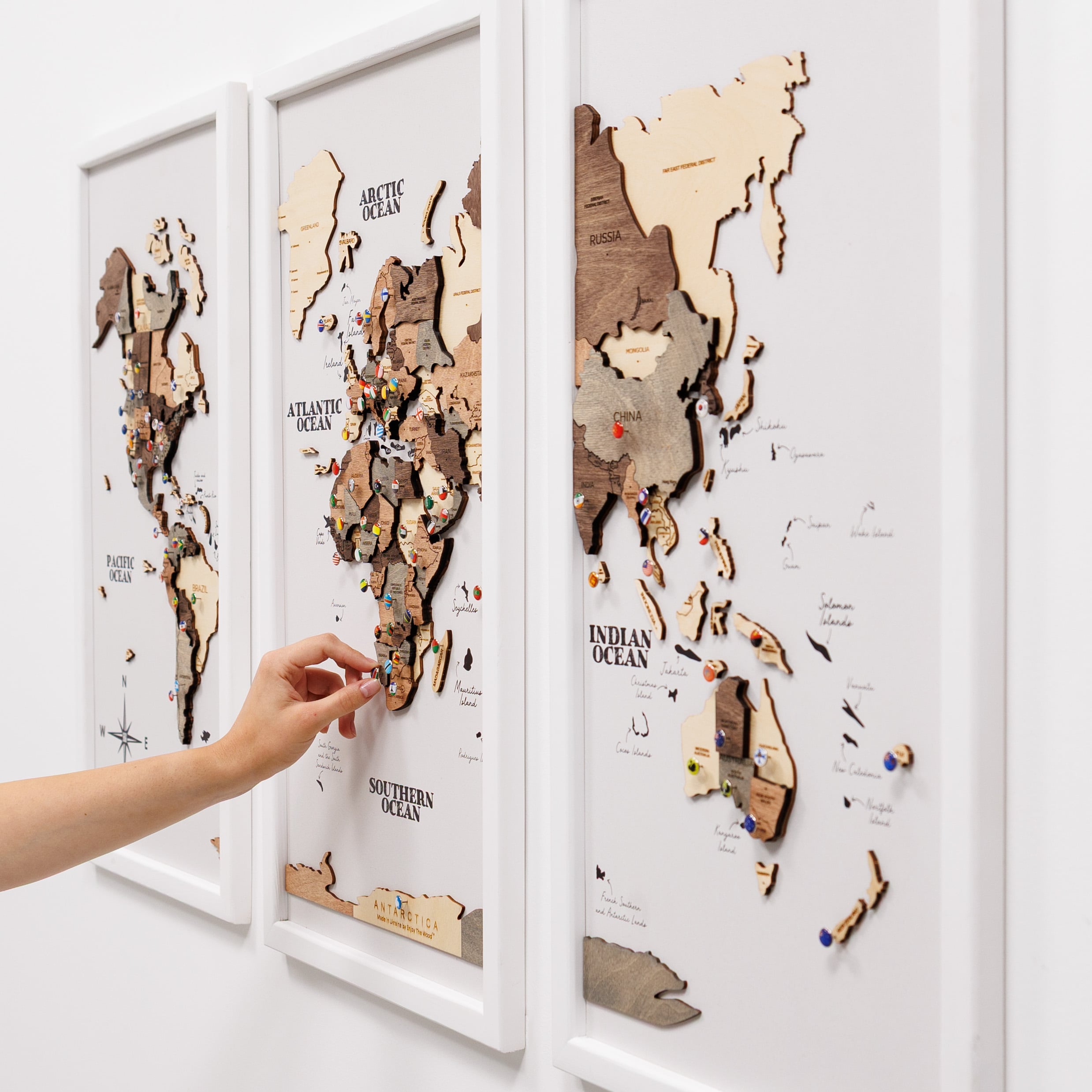 Triptych Wooden World Map Wall Art in Smokey Finish